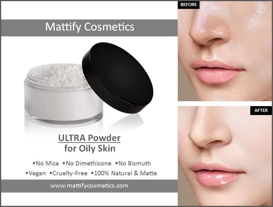 Open jar of ULTRA Face Powder for Oily Skin by Mattify Cosmetics Vegan Makeup in Transparent Matte. Before and after photos show less shine, matte finish, and minimized pores.