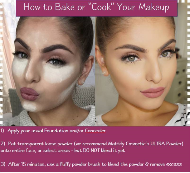 Instructions on how to bake your makeup using matte face powder for oily skin by Mattify cosmetics makeup for acne prone skin how to cook your makeup to get long lasting foundation all day without looking cakey or shiny using oil absorbent matte powder and primer 