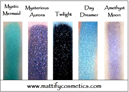 Eye shadow swatches sparkly black purple teal pastel blue mattify cosmetics vegan makeup for oily skin