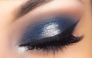 Navy blue smoky eye look Mattify cosmetics long lasting eyeshadow for oily eye lids with built in primer for crease-free wear sparkly white eye shadow for inner corners of eyes and under brow bone how to make eyes look deep set and sexy 